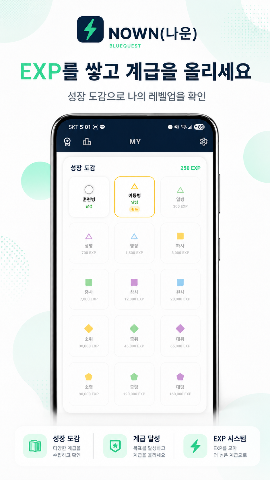 NOWN EXP 성장 화면